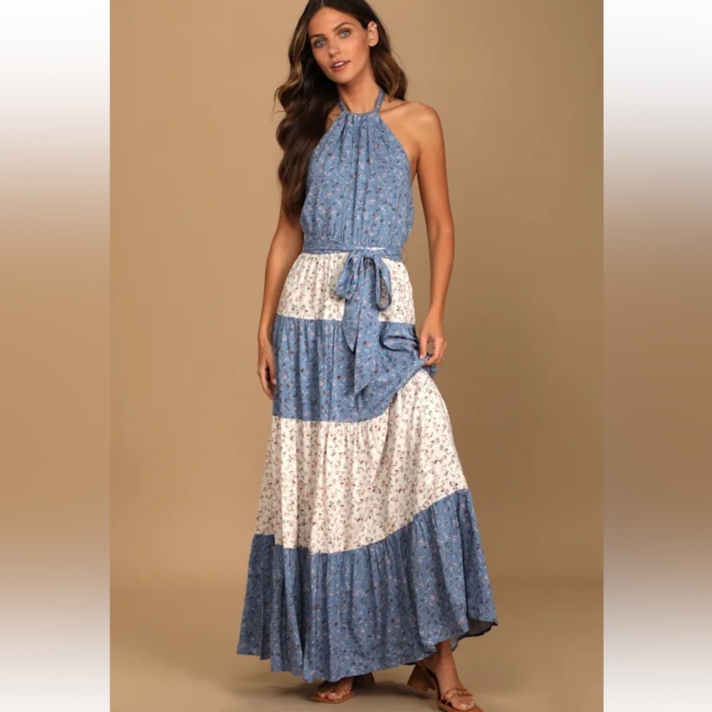 Lulus Hopes and Prairies Blue Multi Floral Print Tiered Maxi Dress Sz Small